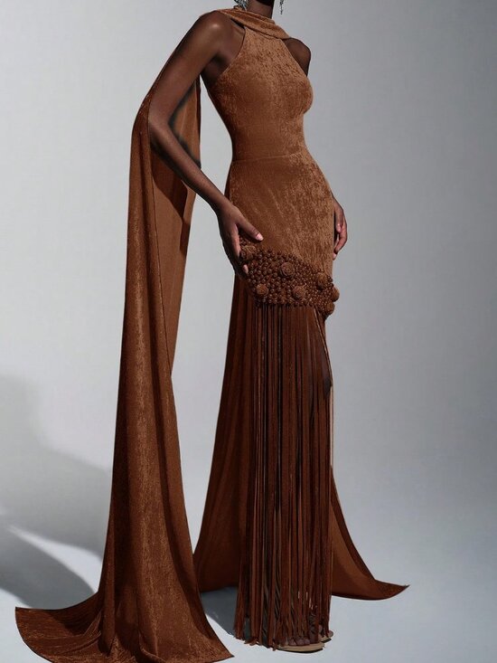 Dresses & Skirts - Brown Elegant Romantic Women's Velvet Tassel Sequin Party Dress